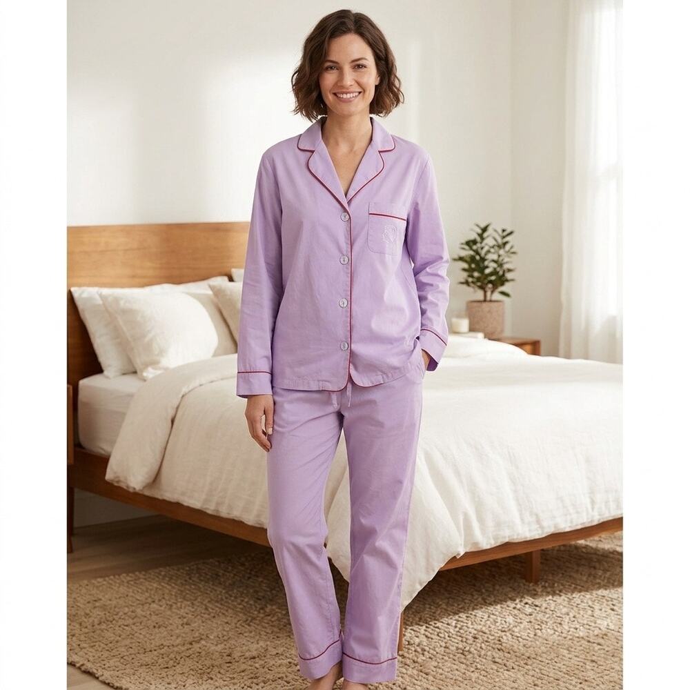 ALEXACHUNG Luxury Lilac Cotton Pajama Set with Red Piping Size Medium